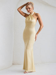 Champagne Satin Cross Over Halter Neck Open Back Floor Length Formal Party Dress