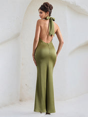 Green Satin Cross Over Halter Neck Open Back Floor Length Formal Party Dress