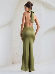 Green Satin Cross Over Halter Neck Open Back Floor Length Formal Party Dress