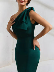 Green Satin One Shoulder Floor Length Formal Party Dress with Bow