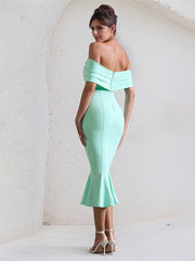 Mint Chiffon Off the Shoulder Tea Length Ruffles Dress