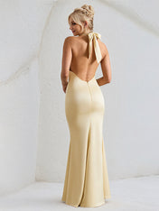 Champagne Satin Cross Over Halter Neck Open Back Floor Length Formal Party Dress