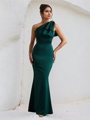 Green Satin One Shoulder Floor Length Formal Party Dress with Bow