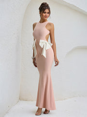 Pink Chiffon Cut Out Open back Floor Length Formal Party Dress with Bows