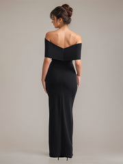 Black Formal Party Off the Shoulder Floor Length Dress with High Slit