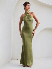 Green Satin Cross Over Halter Neck Open Back Floor Length Formal Party Dress