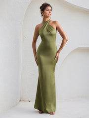 Green Satin Cross Over Halter Neck Open Back Floor Length Formal Party Dress