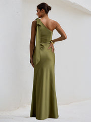 Olive Green Satin One Shoulder Sleeveless Floor Lenght Dress with Bow