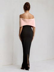 Pink&Black Chiffon Off the Shoulder Ankle Length Formal Party Dress with Oversized Bow