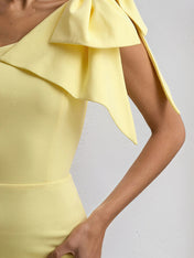 Yellow Chiffon One Shoulder Tea Length  Dress with Bow