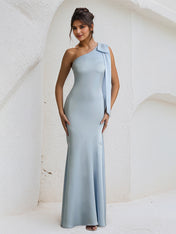 Blue Satin One Shoulder Floor Length Formal Party Dress with Bow