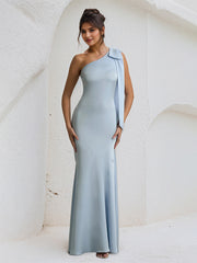 Blue Satin One Shoulder Floor Length Formal Party Dress with Bow