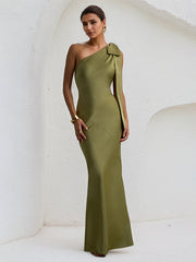 Olive Green Satin One Shoulder Sleeveless Floor Lenght Dress with Bow