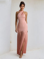Pink Halter Neck Sleeveless Ankle Length Ruffles Dress with Bow