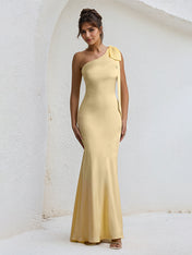Yellow Satin One Shoulder Floor Length Formal Party Dress with Bow