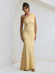 Yellow Satin One Shoulder Floor Length Formal Party Dress with Bow