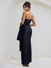Black Satin Off the Shoulder Sleeveless Ruffles Dress with High Slit