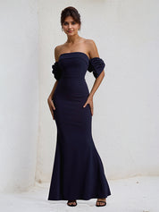 Navy Chiffon Strapless Floor Lenght Sheath Dress with Bow Sleeves