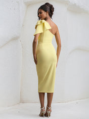 Yellow Chiffon One Shoulder Tea Length  Dress with Bow