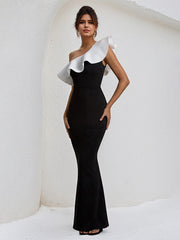Black&White One Shoulder Floor Length Ruffled Formal Party Dress