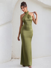 Green Satin Cross Over Halter Neck Open Back Floor Length Formal Party Dress