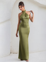 Green Satin Cross Over Halter Neck Open Back Floor Length Formal Party Dress