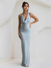 Blue Satin Cowl Neck Floor Length Sleeveless Sheath Dress
