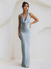 Blue Satin Cowl Neck Floor Length Sleeveless Sheath Dress