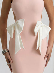 Pink Chiffon Cut Out Open back Floor Length Formal Party Dress with Bows
