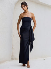 Black Satin Off the Shoulder Sleeveless Ruffles Dress with High Slit