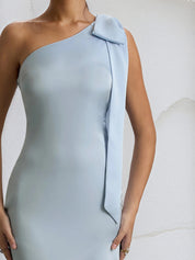 Blue Satin One Shoulder Floor Length Formal Party Dress with Bow