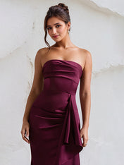 Wine Red Satin Off the Shoulder Sleeveless Ruffles Dress with High Slit