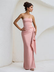 Pink Satin Off the Shoulder Sleeveless Ruffles Dress with High Slit