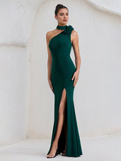 Green Stretch Crepe One Shoulder  Asymmetrical Length High Slit Dress with Flowers