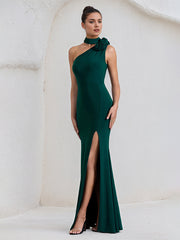 Green Stretch Crepe One Shoulder  Asymmetrical Length High Slit Dress with Flowers