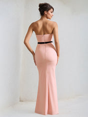 Pink Satin Sweetheart Neckline Sleeveless Floor Lenght Dress with Black Bow