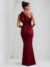Wine Red Stretch Crepe One Shoulder Sleeveless Floor Length Dress with Bow