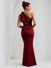 Wine Red Stretch Crepe One Shoulder Sleeveless Floor Length Dress with Bow