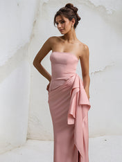 Pink Satin Off the Shoulder Sleeveless Ruffles Dress with High Slit