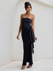 Black Satin Off the Shoulder Sleeveless Ruffles Dress with High Slit