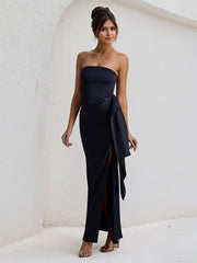 Black Satin Off the Shoulder Sleeveless Ruffles Dress with High Slit