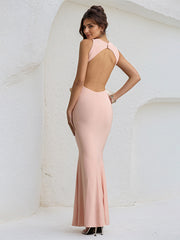 Pink Chiffon Cut Out Open back Floor Length Formal Party Dress with Bows