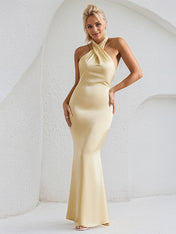 Champagne Satin Cross Over Halter Neck Open Back Floor Length Formal Party Dress