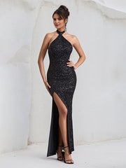 Black Sequins Halter Neck Open Back Asymmetrical Length  Dress with High Slit