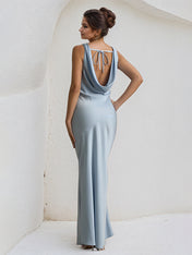 Blue Satin Cowl Neck Floor Length Sleeveless Sheath Dress