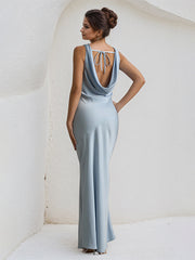 Blue Satin Cowl Neck Floor Length Sleeveless Sheath Dress