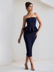 Navy Chiffon Strapless Sleeveless Tea Length Dress with Peplum Detail