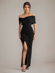 Black Formal Party Off the Shoulder Floor Length Dress with High Slit