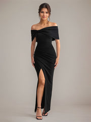 Black Formal Party Off the Shoulder Floor Length Dress with High Slit