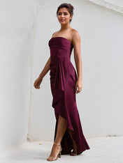 Wine Red Satin Off the Shoulder Sleeveless Ruffles Dress with High Slit